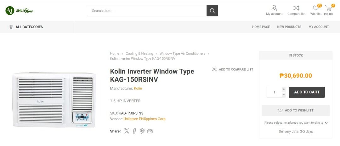 Kolin 1.5HP S-Series Inverter Window Type Air Con split type ceiling floor AC (Category: Air Conditioning and Heating) located in Manila. Submitted by best_deals.ph (Listing ID 1454603889, Image 3). Description: Call or text at 0/9/4/2/5/4/5/7/8/6/8 Not always online For sale only - No Swap Kolin 1.5HP S-Series (KAG-150RSINV) Inverter Window Type Air Conditioner Quick specs EER rating: 5 stars - 13,800 kJ/h (13.1) Unit Dimensions: L 660 x W 700 x