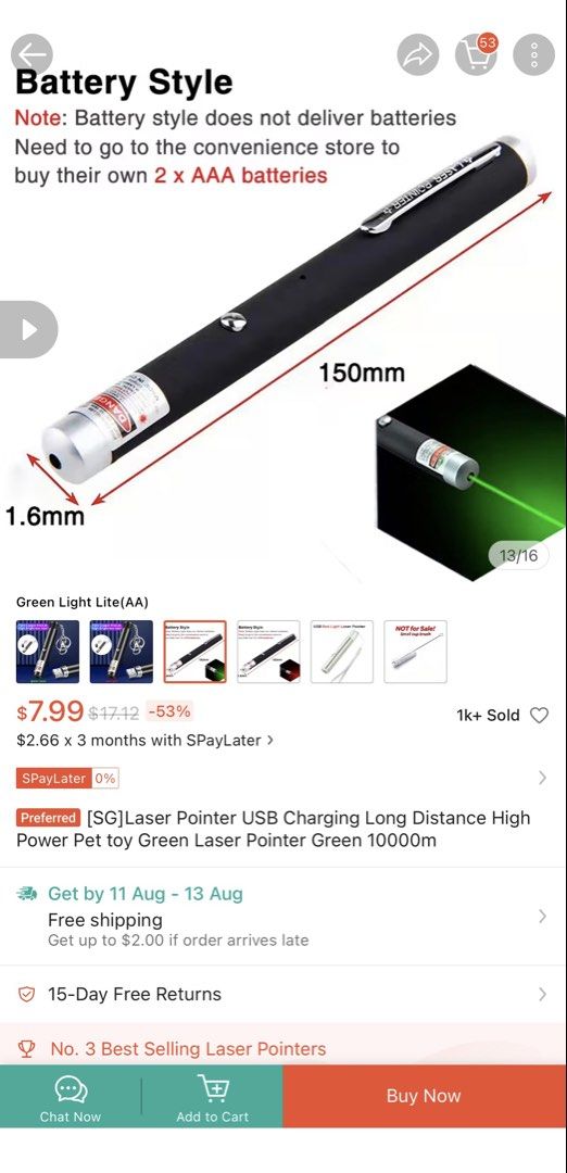 Laser Pointer (Category: Stationery & School Supplies) located in Singapore. Submitted by wardrobe.essentials (Listing ID 1454744366, Image 3). Description: BNIB Self collect or arrange for own courier Mailing +$2.80.