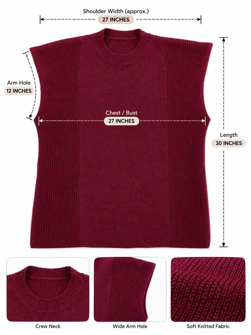 Maroon Knit Sleeveless Sweater Vest (Category: Sleeveless) located in General Santos City (Dadiangas). Submitted by ms.plussize (Listing ID 1454619464, Image 1). Description: - Soft knitted sleeveless sweater vest - Deep maroon color - Classic crew neck design - Comfortable wide armholes - Textured knit fabric - Perfect layering piece - Measurements: - Shoulder Width: 27 inches - Chest/Bust: 27 inches - Arm Hole: 12 inches - Length: 30 inches.