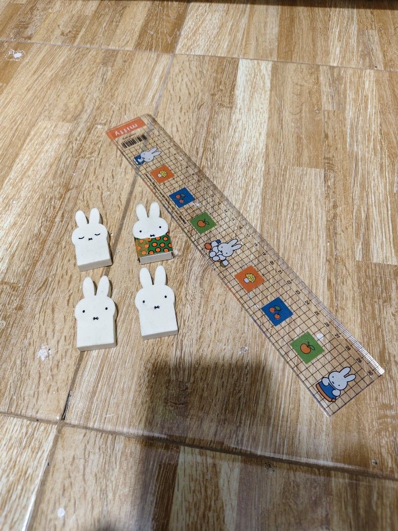 Miffy Erasers and Ruler Set (Category: Stationery & School Supplies) located in Makati City. Submitted by abegailbrezuela (Listing ID 1454588588, Image 2). Description: - Set includes 4 adorable Miffy bunny erasers. - One eraser features a cute green checkered shirt design. - Comes with a clear ruler adorned with Miffy illustrations. - Ideal for stationery enthusiasts and Miffy collectors. - Perfect for school, office, or desk decoration..