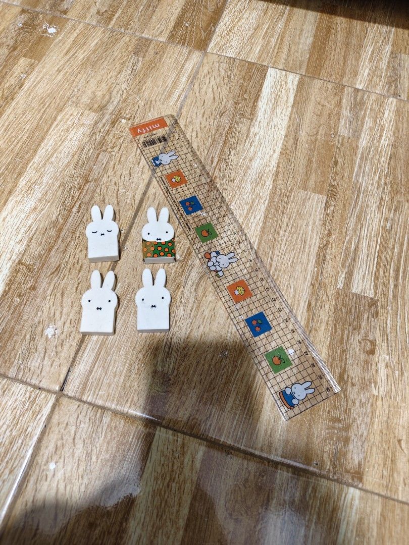 Miffy Erasers and Ruler Set (Category: Stationery & School Supplies) located in Makati City. Submitted by abegailbrezuela (Listing ID 1454588588, Image 1). Description: - Set includes 4 adorable Miffy bunny erasers. - One eraser features a cute green checkered shirt design. - Comes with a clear ruler adorned with Miffy illustrations. - Ideal for stationery enthusiasts and Miffy collectors. - Perfect for school, office, or desk decoration..