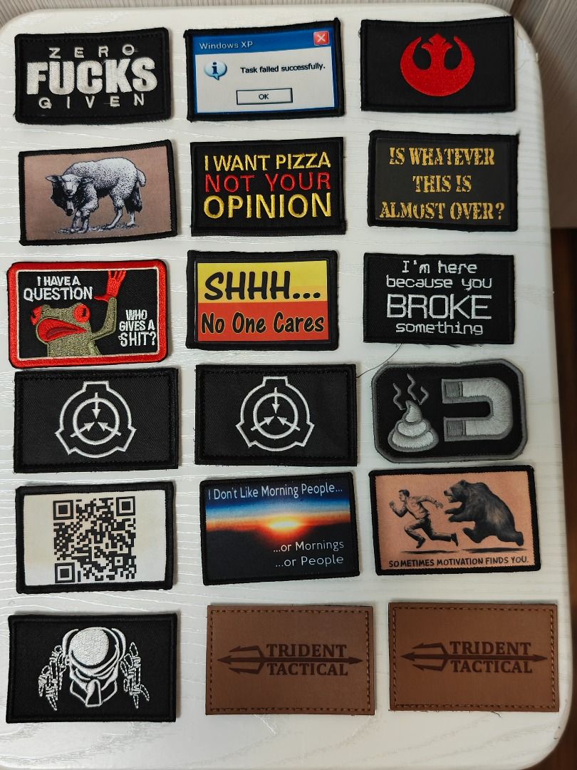Morale Patch (Various Assorted) (Category: Backpacks) located in Singapore. Submitted by youngdeer.a69efe (Listing ID 1454684933, Image 1). Description: - Assorted collection of morale patches with diverse designs. - Features popular culture, humor, and statement graphics. - Equipped with hook and loop backing (i.e. velcro, patch comes with the hook portion) for easy attachment. - Ideal for personalizing backpacks, jackets, hats, and gear. Sellin