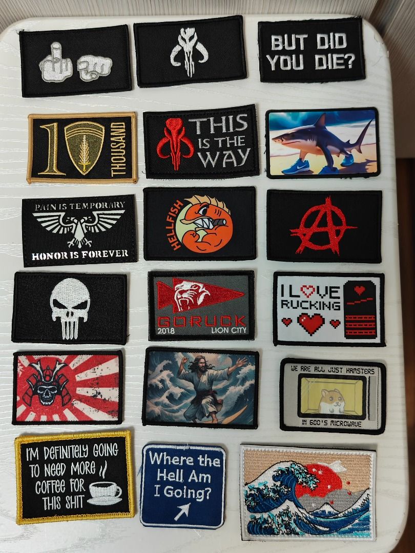 Morale Patch (Various Assorted) (Category: Backpacks) located in Singapore. Submitted by youngdeer.a69efe (Listing ID 1454684933, Image 2). Description: - Assorted collection of morale patches with diverse designs. - Features popular culture, humor, and statement graphics. - Equipped with hook and loop backing (i.e. velcro, patch comes with the hook portion) for easy attachment. - Ideal for personalizing backpacks, jackets, hats, and gear. Sellin
