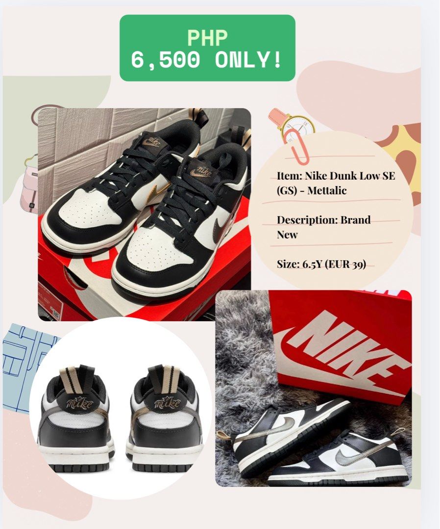 Nike Dunk Low SE (GS) - Mettalic (Category: Sneakers) located in Makati City. Submitted by _declutteringjoe (Listing ID 1454586139, Image 1). Description: - Nike Dunk Low SE (GS) Metallic - Size: 6.5Y (US Youth) / EUR 39 - Colorway: Black and White with Metallic Accents - Condition: Great for everyday wear - Note: This is the GS (Grade School) version.