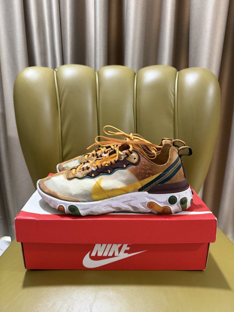 Nike React Element 87 (Category: Sneakers) located in Kuala Lumpur. Submitted by preloveditems007 (Listing ID 1454601368, Image 2). Description: - Nike React Element 87 - Colorway: Desert Sand - Features a translucent upper - Accents of brown and orange - Comfortable React foam sole - Comes with original Nike box - Ideal for casual wear.