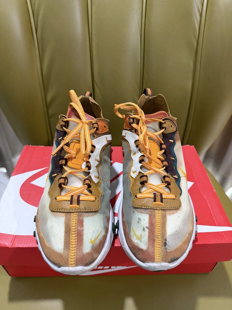 Nike React Element 87 (Category: Sneakers) located in Kuala Lumpur. Submitted by preloveditems007 (Listing ID 1454601368, Image 3). Description: - Nike React Element 87 - Colorway: Desert Sand - Features a translucent upper - Accents of brown and orange - Comfortable React foam sole - Comes with original Nike box - Ideal for casual wear.