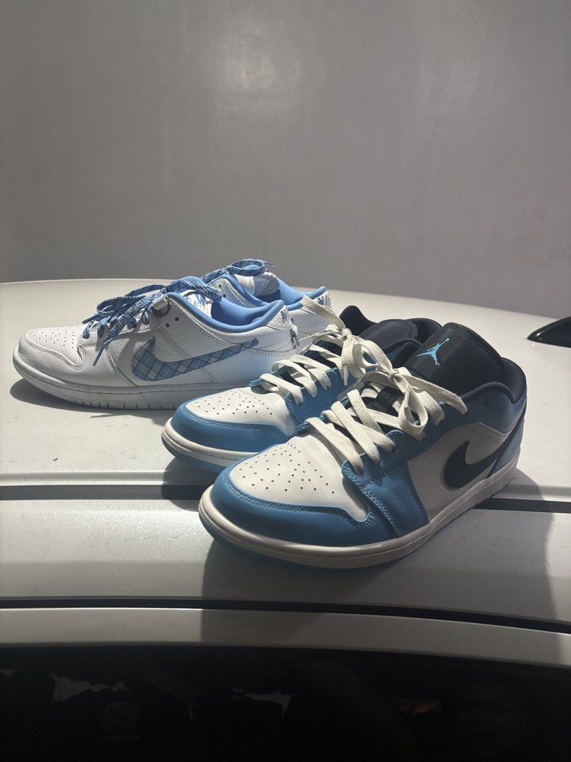 Nike SB Dunk Low & Air Jordan 1 Low UNC (Category: Sneakers) located in Manila. Submitted by newshark_b237f7 (Listing ID 1454740849, Image 1). Description: - For Sale: Nike SB Dunk Low (Blue Plaid) - For Sale: Air Jordan 1 Low UNC 10.5 - Both are stylish low-top sneakers - Ideal for everyday casual wear - Feel free to ask any questions!.