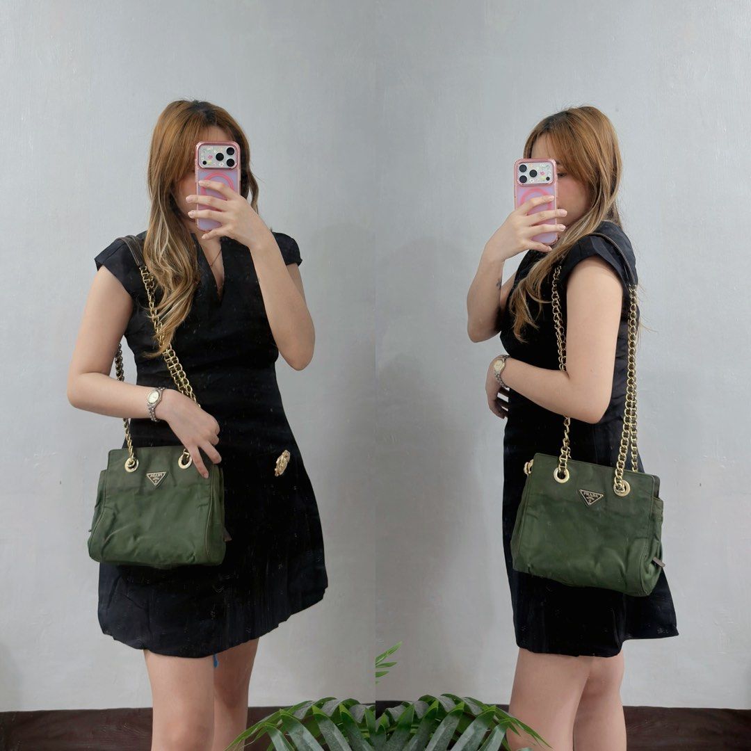 PRADA TESSUTO NYLON CHAIN SHOULDER BAG (Category: Luxury Bags & Wallets) located in Paranaque City. Submitted by houseofcarry (Listing ID 1454731684, Image 3). Description: • Guaranteed Authentic 💯 — Money-back guarantee if proven otherwise • Condition: Rank AB • Please note that there is some discoloration on the interior and sides due to age. As this is a vintage/pre-loved piece, minor signs of wear are to be expected and are part of its chara