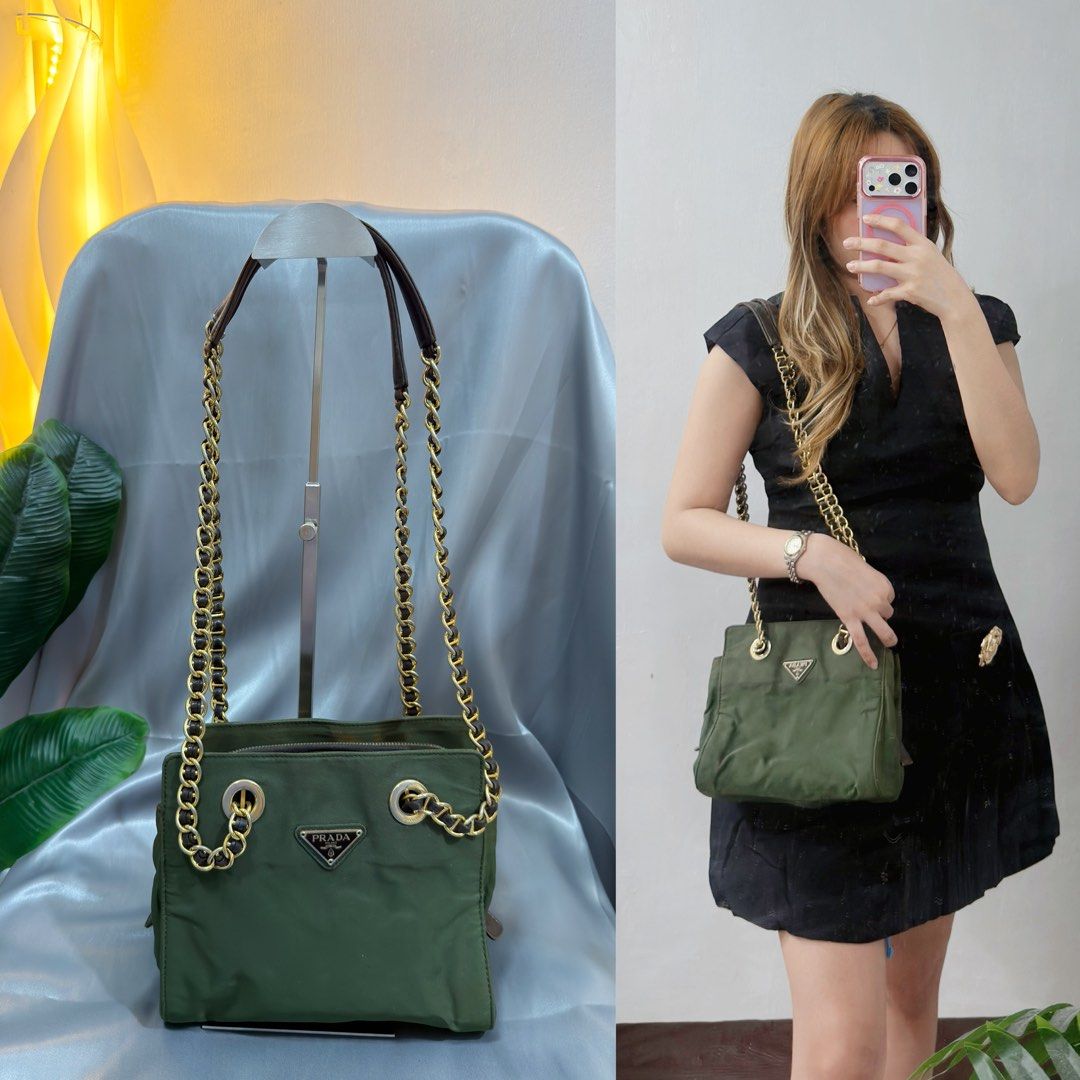 PRADA TESSUTO NYLON CHAIN SHOULDER BAG (Category: Luxury Bags & Wallets) located in Paranaque City. Submitted by houseofcarry (Listing ID 1454731684, Image 1). Description: • Guaranteed Authentic 💯 — Money-back guarantee if proven otherwise • Condition: Rank AB • Please note that there is some discoloration on the interior and sides due to age. As this is a vintage/pre-loved piece, minor signs of wear are to be expected and are part of its chara