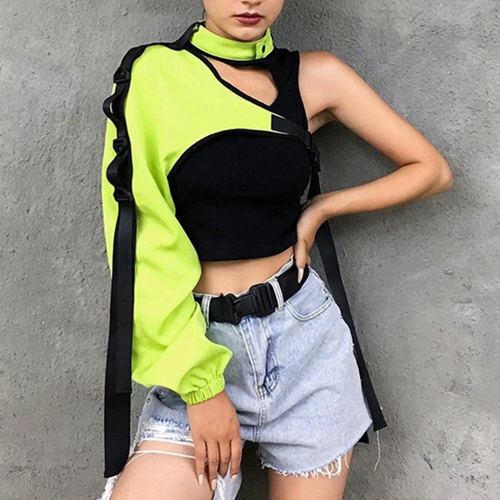 Reflective Edgy Moto One-Shoulder Buckle Topper (Category: Blouses) located in Quezon City. Submitted by bitsnbobs21 (Listing ID 1454563628, Image 2). Description: Reflective Moto One-Shoulder Buckle Topper * One-shoulder design with one long sleeve and gartered cuff * Features adjustable buckles and cut-out choker detail * Reflective finish for a bold, futuristic look * Perfect for MotoGP/racing, Harajuku OOTDs, costumes, and hip-hop dance * Gre