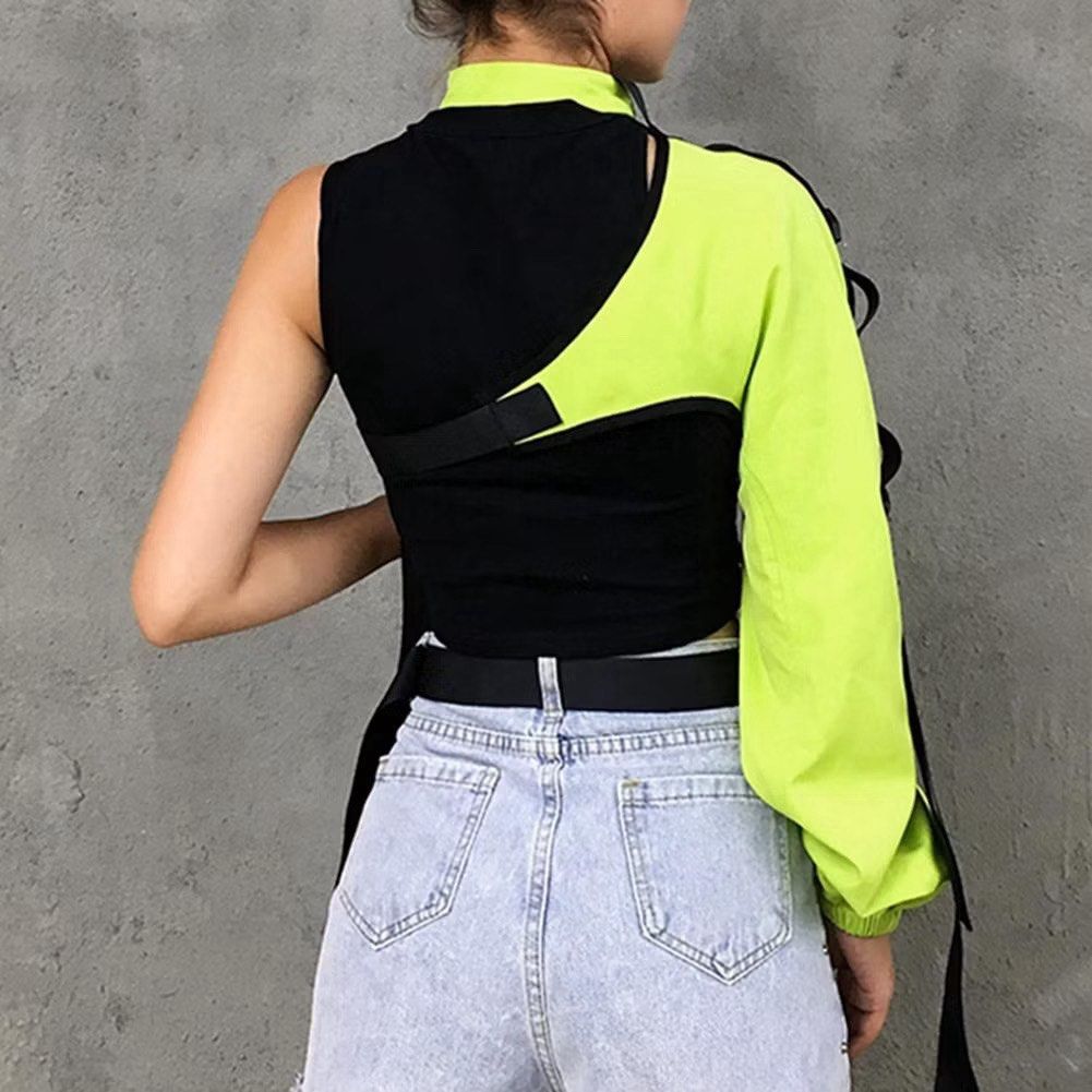 Reflective Edgy Moto One-Shoulder Buckle Topper (Category: Blouses) located in Quezon City. Submitted by bitsnbobs21 (Listing ID 1454563628, Image 3). Description: Reflective Moto One-Shoulder Buckle Topper * One-shoulder design with one long sleeve and gartered cuff * Features adjustable buckles and cut-out choker detail * Reflective finish for a bold, futuristic look * Perfect for MotoGP/racing, Harajuku OOTDs, costumes, and hip-hop dance * Gre