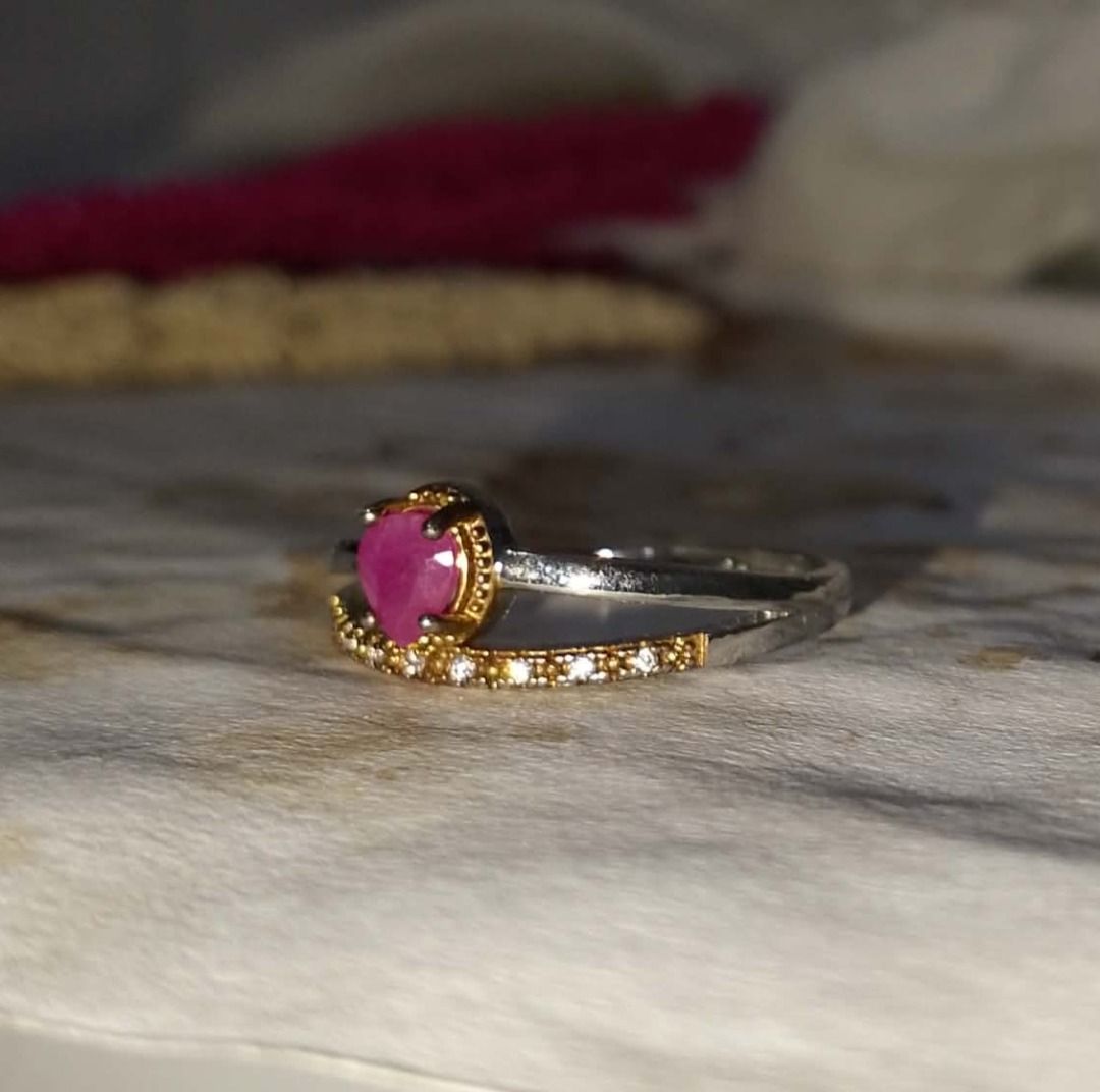 Roseblush Ruby — Natural Pear-Shaped Two-Tone Ring | Natural Ruby Ring (Category: Rings) located in Davao. Submitted by jastthings (Listing ID 1454665208, Image 3). Description: Roseblush Ruby — Natural Pear-Shaped Two-Tone Ring | Natural Ruby Ring PRODUCT DETAILS 💎 Gemstone: Natural Ruby 💧 Shape: Pear / Teardrop 📏 Stone Size: Approx. 5 × 4 mm 💍 Metal: Silver & Gold-Tone Copper Setting ✨ Accent Stones: Clear Rhinestone Accents 📐 Ring Size: A