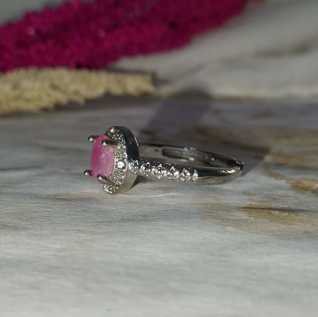 Roseveil Ruby — Natural Faceted Oval Ruby Ring | Silver-Tone Ring 🌹 (Category: Rings) located in Davao. Submitted by jastthings (Listing ID 1454717361, Image 3). Description: Roseveil Ruby — Natural Faceted Oval Ruby Ring | Silver-Tone Ring 🌹 PRODUCT DETAILS 💎 Gemstone: Natural Ruby 💧 Shape: Oval / Faceted 📏 Stone Size: Approx. 7 × 5 mm 💍 Metal: Silver-Tone Setting ✨ Accent Stones: Clear Sparkling Accent Stones 📐 Ring Size: Adjustable / Fr