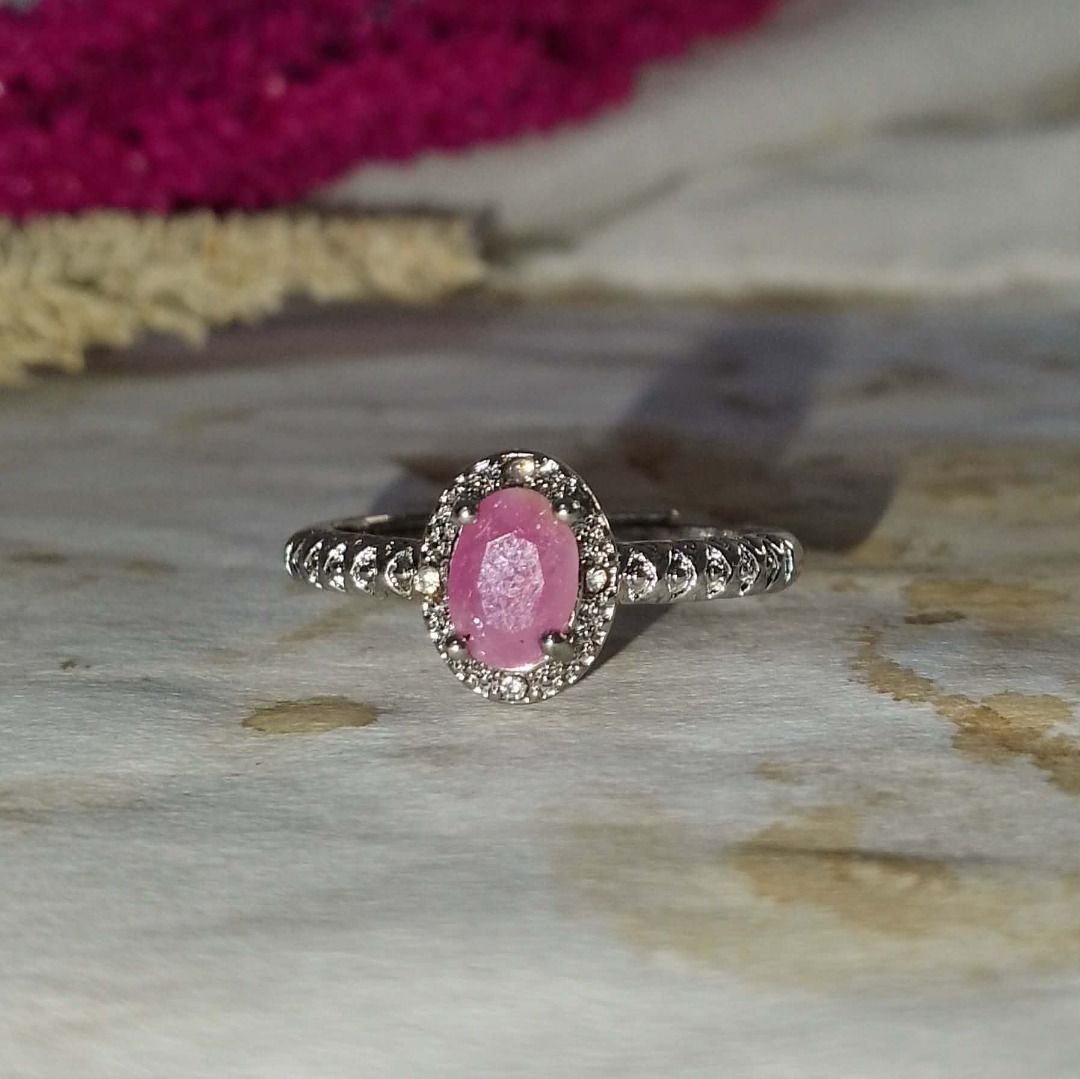 Roseveil Ruby — Natural Faceted Oval Ruby Ring | Silver-Tone Ring 🌹 (Category: Rings) located in Davao. Submitted by jastthings (Listing ID 1454717361, Image 2). Description: Roseveil Ruby — Natural Faceted Oval Ruby Ring | Silver-Tone Ring 🌹 PRODUCT DETAILS 💎 Gemstone: Natural Ruby 💧 Shape: Oval / Faceted 📏 Stone Size: Approx. 7 × 5 mm 💍 Metal: Silver-Tone Setting ✨ Accent Stones: Clear Sparkling Accent Stones 📐 Ring Size: Adjustable / Fr