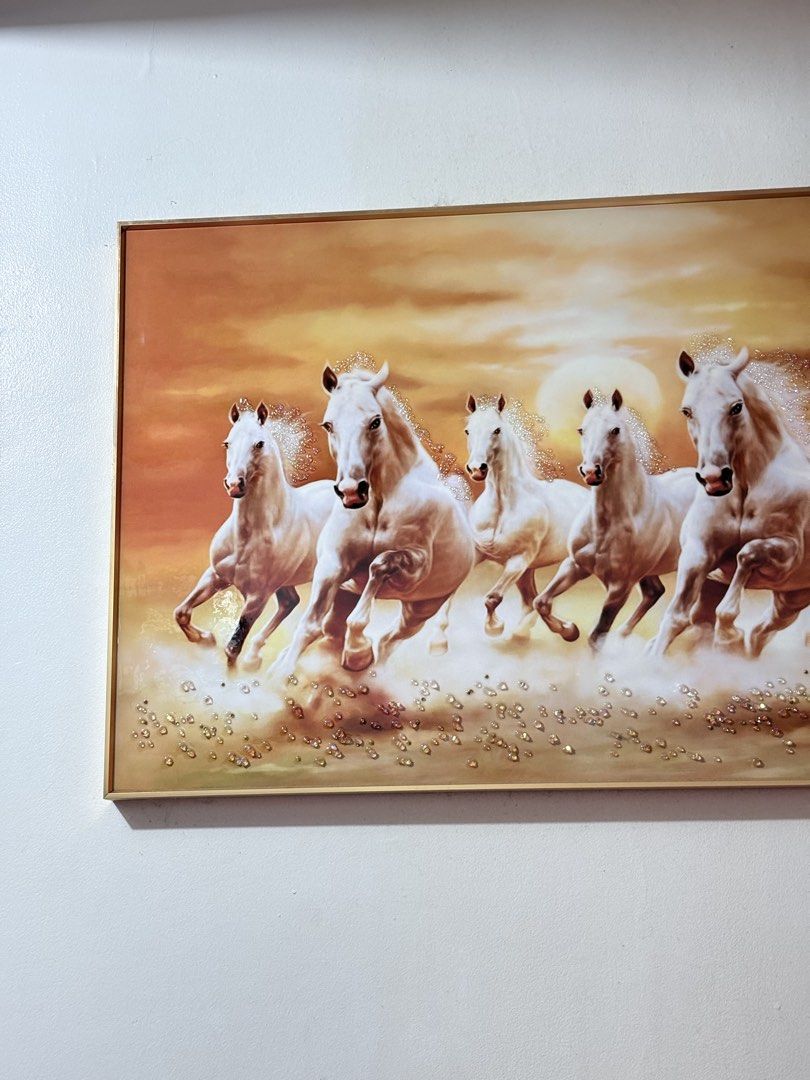 Running Horses Wall Art Painting (Category: Wall Decor) located in Taguig. Submitted by mnom05 (Listing ID 1454612136, Image 2). Description: Stunning painting of 7 running horses in a gold frame. Adds dynamic energy to any room. Perfect for living rooms or entryways. Ready to hang. Condition: Excellent, well-maintained Frame: Gold-colored frame included Design: Seven white horses with crystal embellishments Reason for selling: No longer needed.