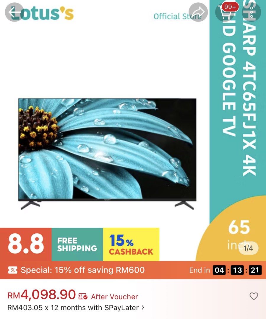 Sharp TV 65" (Category: TV) located in Masjid Tanah. Submitted by nurulishes (Listing ID 1454606607, Image 1). Description: Nego sampai jadi,pickup alor gajah,boleh hantar serius buyer.