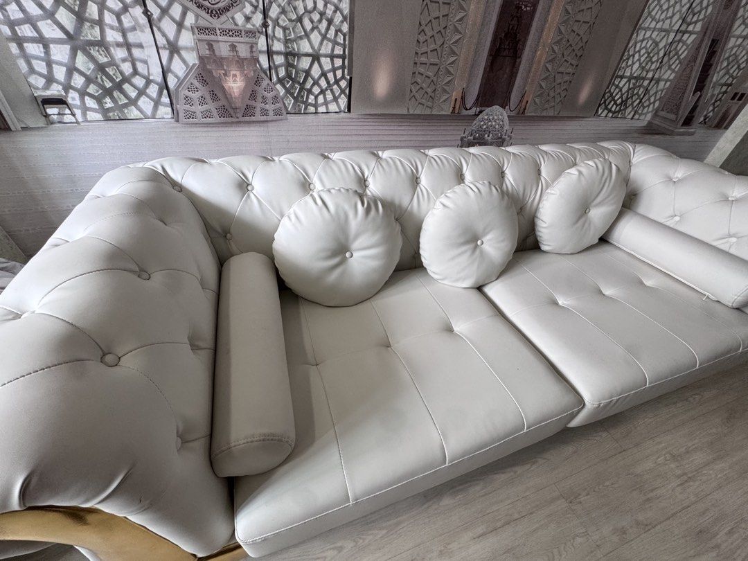 Sofa (Category: Sofas) located in Singapore. Submitted by surajudensuhail (Listing ID 1454574178, Image 3). Description: W 220cm,H 75cm, D 90cm Looks as new. luxury sofa with nice cushion and Matt white and gold colour. Pls arrange your own transportation. Collection at Admiralty Drive ..