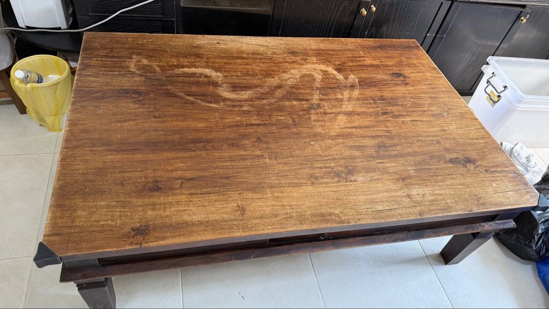 Solid Teak Coffee Table (Category: Tables & Sets) located in Singapore. Submitted by goodloban (Listing ID 1454637846, Image 2). Description: 1.5 x 1 x 0.48 m solid teak coffee table. 2 centre drawer. For your offer. Collect in Serangoon Borth Ave 1.