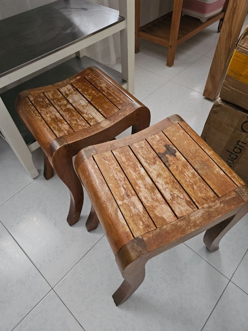 Solid Teak stool (Category: Chairs) located in Singapore. Submitted by dorae-mon (Listing ID 1454661472, Image 2). Description: There are some marks on it, can easily sand down and vanish, recondition and will be a lovely piece again. Dimension: 350*320*420mm $20 per piece Pick up at Bt Batok East No other location..