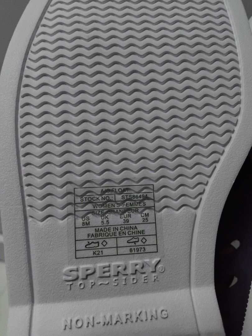 Sperry Unisex Authentic Boat Shoe Navy (Category: Shoe inserts) located in Masantol. Submitted by ag_declutter (Listing ID 1454697937, Image 3). Description: Original price 3095 below Srp super sale size is on the picture sticker Material: Lightweight, molded EVA upper and construction. Design Features: Features strategically placed "portholes" and "gills" along the side and top for quick water drainage and breathability. [1] Outsole: Non-marking