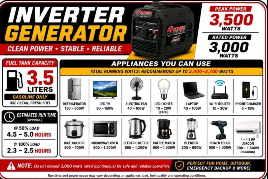 Sunrex Powergen 3500i Japan technology Inverter Generator (Category: Industrial Equipment) located in Cebu City. Submitted by nmalloys3294751 (Listing ID 1454570772, Image 2). Description: Sunrex Powergen 3500i - Japan Technology. peak power: 3500W, rated power:3000 watts, silent inverter generator..