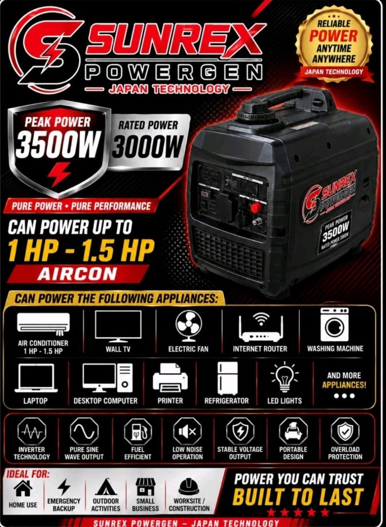 Sunrex Powergen 3500i Japan technology Inverter Generator (Category: Industrial Equipment) located in Cebu City. Submitted by nmalloys3294751 (Listing ID 1454570772, Image 1). Description: Sunrex Powergen 3500i - Japan Technology. peak power: 3500W, rated power:3000 watts, silent inverter generator..
