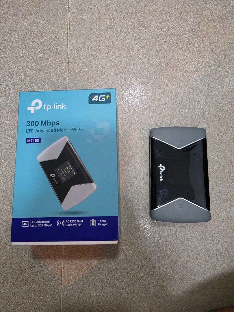 TP-Link M7450 LTE-Advanced Mobile Wi-Fi (Category: Networking) located in Makati City. Submitted by kersbreezy (Listing ID 1454686426, Image 1). Description: - TP-Link M7450 Mobile Wi-Fi - Supports LTE-Advanced for faster speeds - Up to 300 Mbps download speed - Long-lasting battery: up to 15 hours of use - Ideal for travel or portable internet needs - Comes with original box and receipts - di ko po masyadong nagamit kasi nagpa wifi din po kami. 