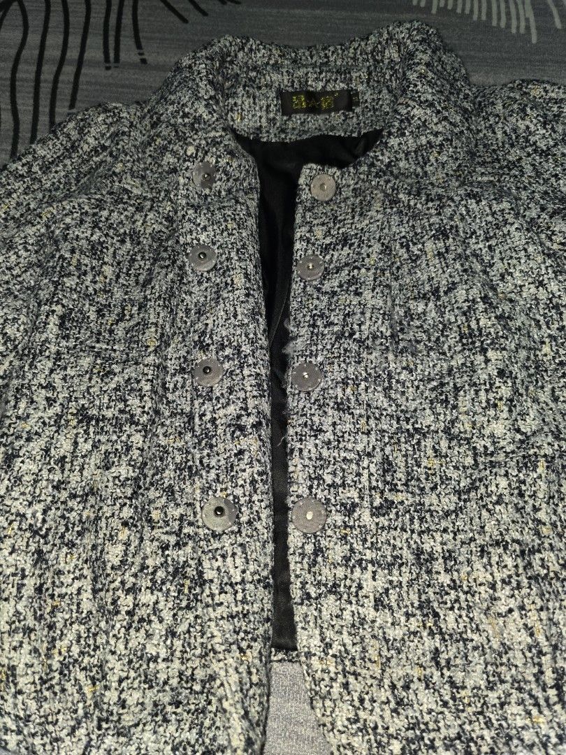 Tweed Jacket (Category: Coats, Jackets and Outerwear) located in Singapore. Submitted by fancy_thing (Listing ID 1454726513, Image 2). Description: - Classic tweed jacket - Features black, white, and gold flecks - Cropped style, ideal for layering - Approx. measurements: Chest 19 inches, Length 23 inches.