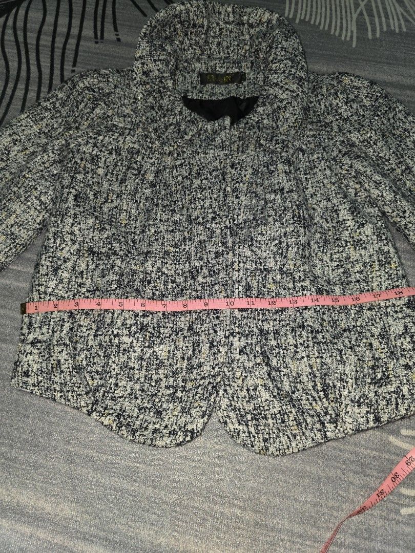 Tweed Jacket (Category: Coats, Jackets and Outerwear) located in Singapore. Submitted by fancy_thing (Listing ID 1454726513, Image 5). Description: - Classic tweed jacket - Features black, white, and gold flecks - Cropped style, ideal for layering - Approx. measurements: Chest 19 inches, Length 23 inches.