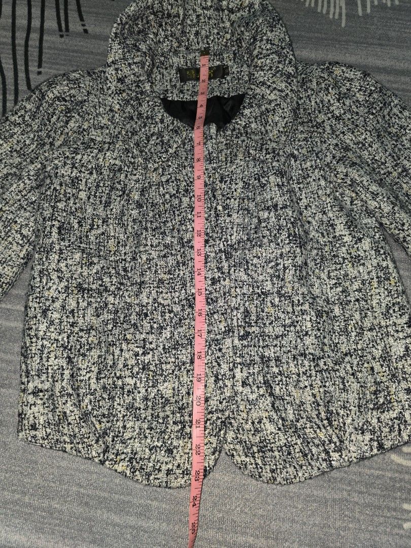 Tweed Jacket (Category: Coats, Jackets and Outerwear) located in Singapore. Submitted by fancy_thing (Listing ID 1454726513, Image 4). Description: - Classic tweed jacket - Features black, white, and gold flecks - Cropped style, ideal for layering - Approx. measurements: Chest 19 inches, Length 23 inches.