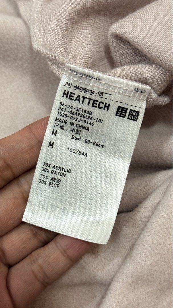 Uniqlo Heattech Long Sleeve Top Size M (Category: Longsleeves) located in Puerto Princesa. Submitted by kfv15 (Listing ID 1454598304, Image 3). Description: - Uniqlo Heattech Long-Sleeve Top - Size: Medium - Color: Light Pinkish-Beige - Material: 70% Acrylic, 30% Rayon - Origin: Made in China - Features: Comfortable, warm, ideal for layering or wearing alone.
