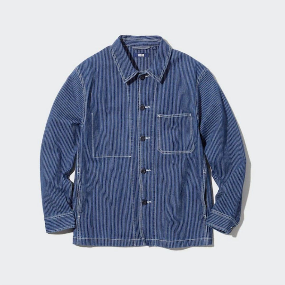 UNIQLO Striped Denim Work Shirt (Category: Coats, Jackets and Outerwear) located in Quezon City. Submitted by oldturnedtogold (Listing ID 1454576802, Image 3). Description: UNIQLO Striped Denim Work Shirt Unisex Size Large Blue Shoulder Width - 29.5" Body length - 28.5" Chest Width - 23" Sleeve Length - 23.5" Details: - Stretchy and comfortable denim material - Made of a lighter denim than regular denim jackets so it is lighter and more comfortab
