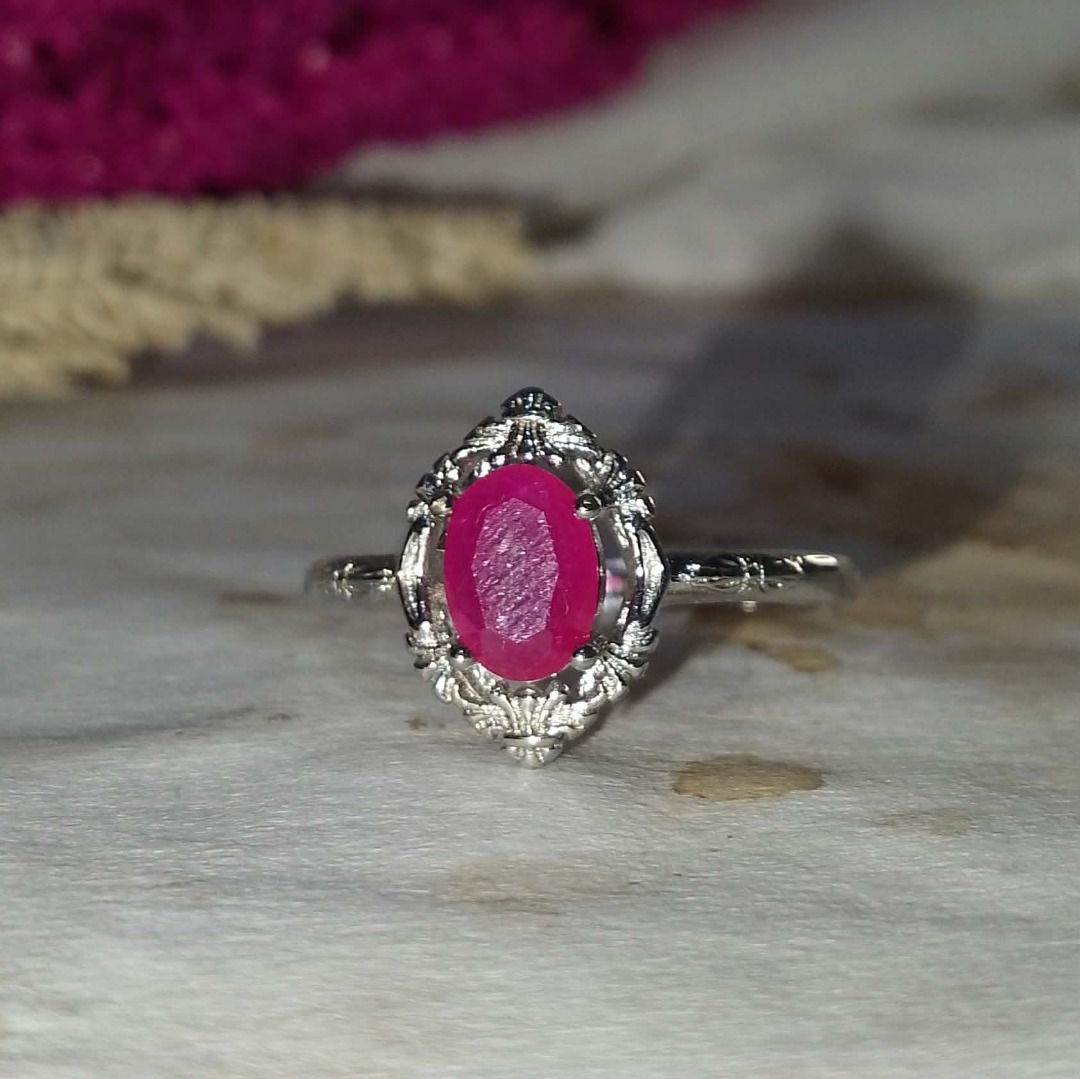 Velvet Rosé — Faceted Ruby Vintage Halo Ring | Natural Ruby Silver-Tone Ring 💗✨ (Category: Rings) located in Davao. Submitted by jastthings (Listing ID 1454699068, Image 3). Description: Velvet Rosé — Faceted Ruby Vintage Halo Ring | Natural Ruby Silver-Tone Ring 💗✨ PRODUCT DETAILS 💎 Gemstone: Natural Ruby 💧 Shape: Oval / Faceted 📏 Stone Size: 7 x 5 mm 💍 Metal: Silver-Tone Setting ✨ Accent Stones: Clear Sparkling Accent Stones 📐 Ring Size: