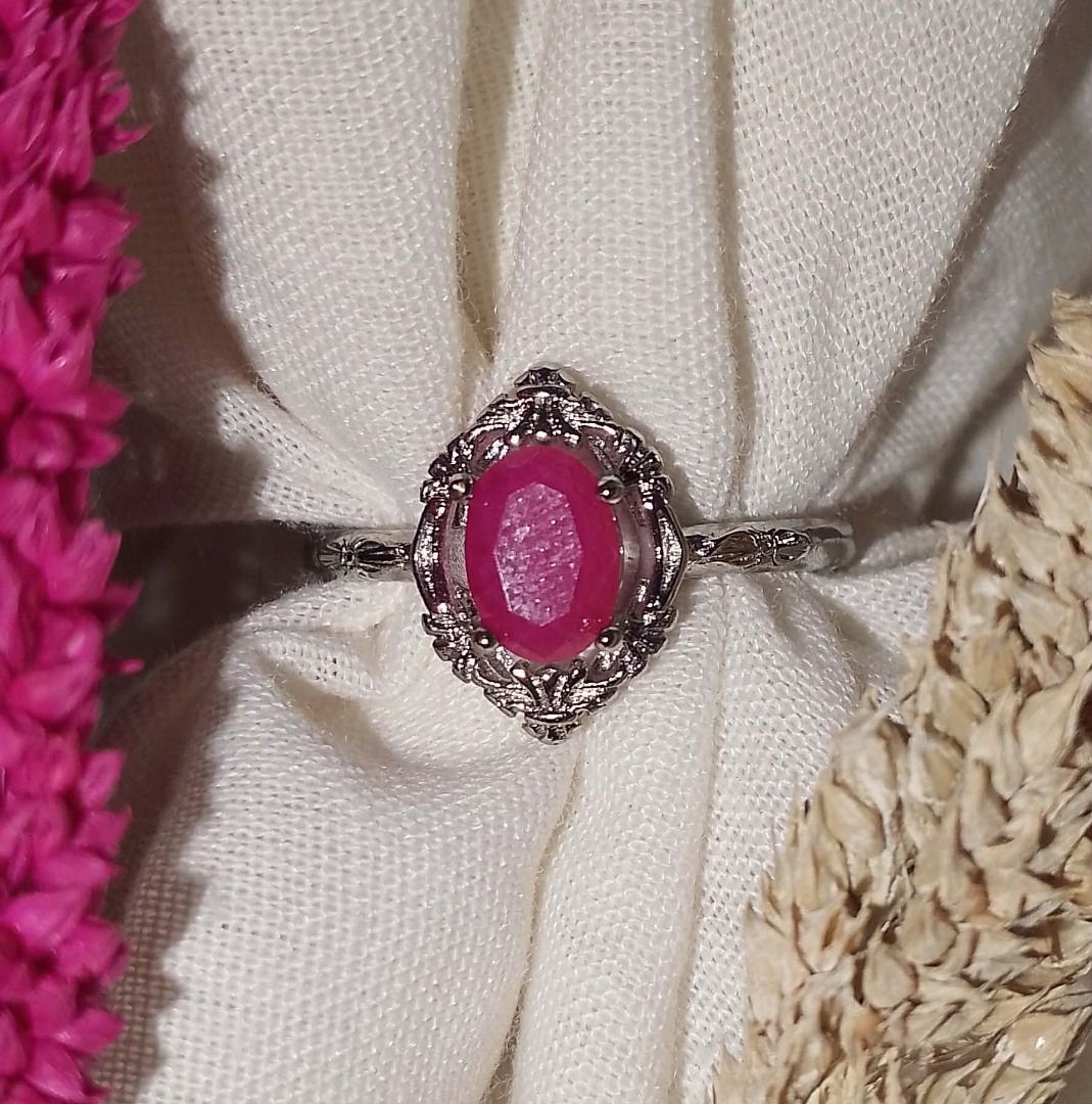 Velvet Rosé — Faceted Ruby Vintage Halo Ring | Natural Ruby Silver-Tone Ring 💗✨ (Category: Rings) located in Davao. Submitted by jastthings (Listing ID 1454699068, Image 1). Description: Velvet Rosé — Faceted Ruby Vintage Halo Ring | Natural Ruby Silver-Tone Ring 💗✨ PRODUCT DETAILS 💎 Gemstone: Natural Ruby 💧 Shape: Oval / Faceted 📏 Stone Size: 7 x 5 mm 💍 Metal: Silver-Tone Setting ✨ Accent Stones: Clear Sparkling Accent Stones 📐 Ring Size: