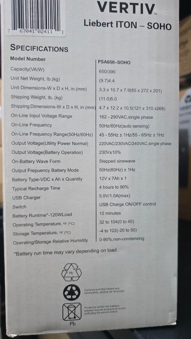 Vertic UPS (Category: Electrical, Adaptors & Sockets) located in Singapore. Submitted by baileys888 (Listing ID 1454640284, Image 2). Description: - Never used - 2 units - $72 per unit - Specs listed in photo.