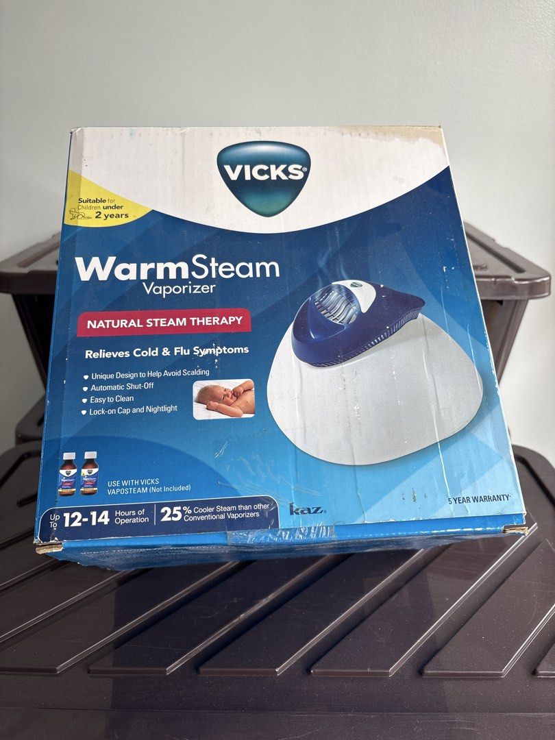 Vicks Warm Ste Vaporizer (Category: Medical Supplies & Tools) located in Muntinlupa City. Submitted by yuyubyyuka (Listing ID 1454579824, Image 1). Description: Opened but not tested (brandnew) Bought from Pasabuy from Australia years ago. Had no chance to buy vaposteam, hence did not use. Does NOT come with Vaposteam .
