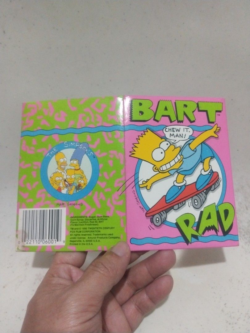 Vintage 1990 Amurol "The Simpsons" Bart Simpson Bubble Gum Folder (Empty Packaging Only) (Category: Vintage Collectibles) located in Manila. Submitted by 1980sbaby (Listing ID 1454574648, Image 3). Description: Perfect piece for vintage candy wrapper collectors, 90s kids, and hardcore fans of The Simpsons. This is the unique cardboard folding folder produced by the famous Amurol Products Company during the peak popularity of the show's first seas