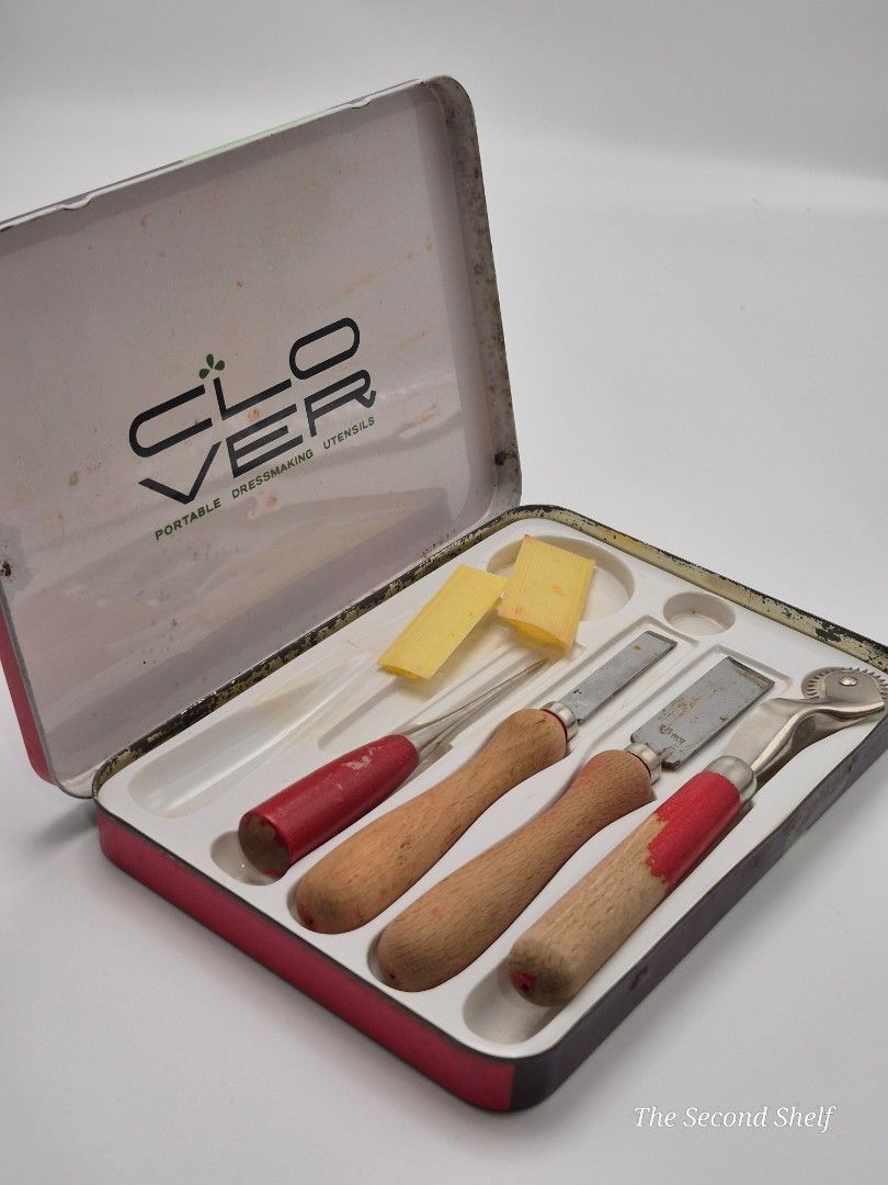 Vintage Clover Dressmaking Utensils Set (Category: Craft Supplies & Tools) located in Santa Rosa. Submitted by thesecondshelf (Listing ID 1454629024, Image 1). Description: Vintage Clover Dressmaking Utensils Set ₱450 A vintage Clover Portable Dressmaking Utensils set in its original metal case. Condition: Vintage, used condition. Shows age-related marks, oxidation, and wear on the handles and metal parts. Please see photos for details. Includes: