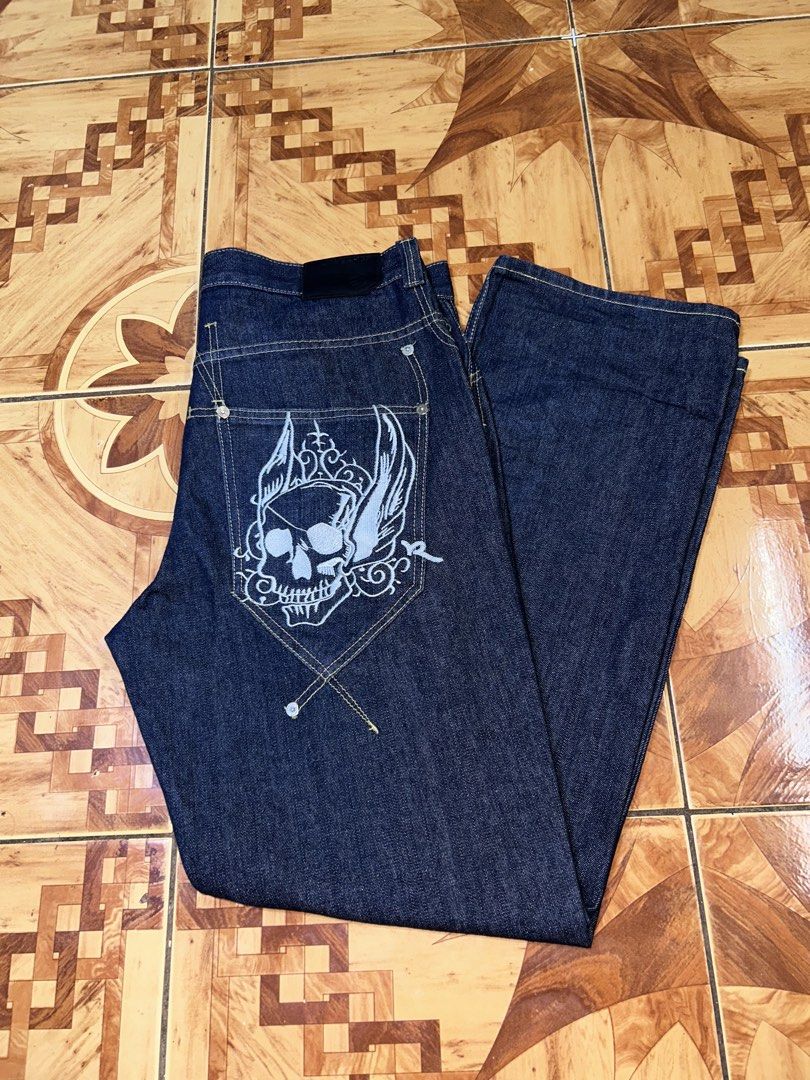 Vintage Rocawear Skull Embroided (Category: Jeans) located in Manila. Submitted by cozythrift. (Listing ID 1454570945, Image 2). Description: Rocawear 📩 • Dimensions: - Waist: 36 - Length: 44 - Thigh: 14 - Leg Opening: 10 • Excellent & Crispy Condition • Flawless • 9/10 Color rate or Better ( Raw Denim ) 📍Taguig City Gate 1 Kalayaan 🏷️Pm for more Inquiries.