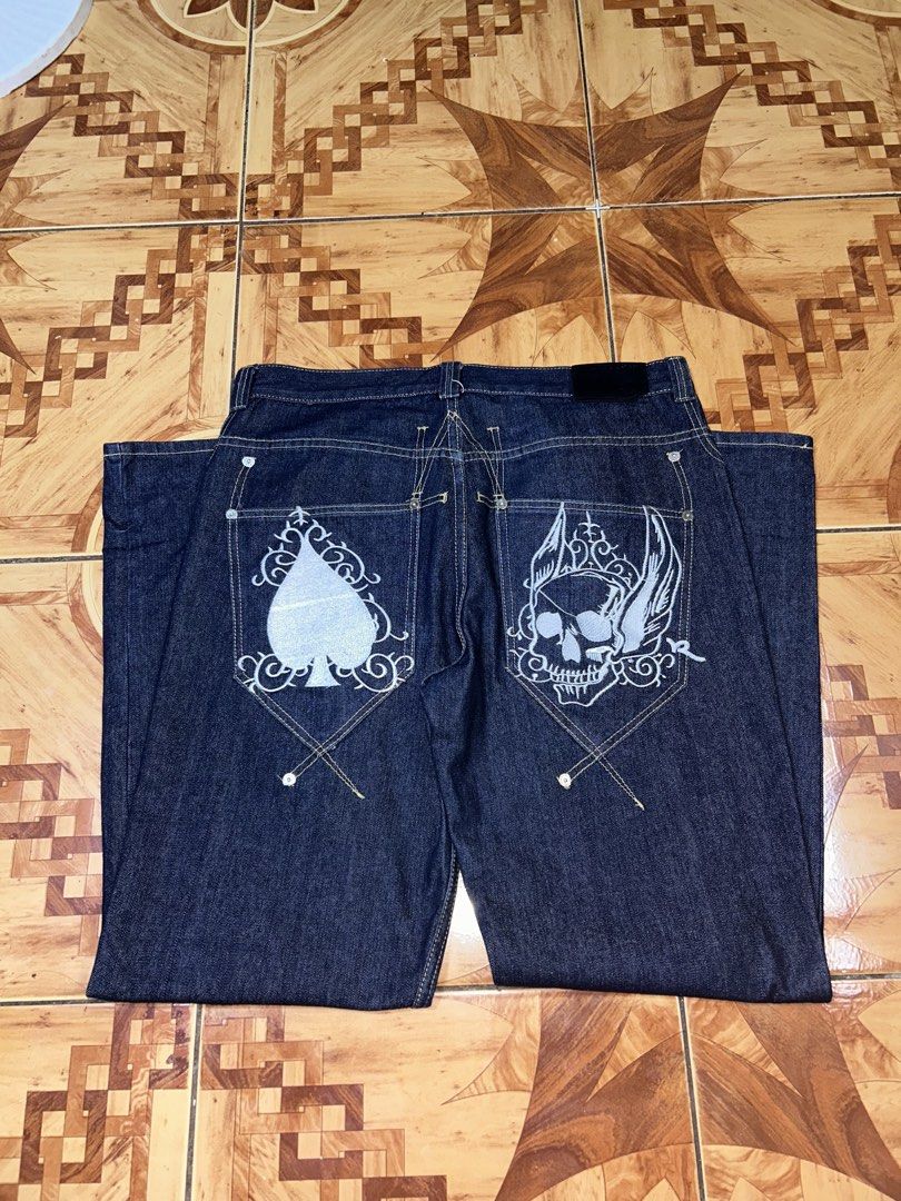 Vintage Rocawear Skull Embroided (Category: Jeans) located in Manila. Submitted by cozythrift. (Listing ID 1454570945, Image 1). Description: Rocawear 📩 • Dimensions: - Waist: 36 - Length: 44 - Thigh: 14 - Leg Opening: 10 • Excellent & Crispy Condition • Flawless • 9/10 Color rate or Better ( Raw Denim ) 📍Taguig City Gate 1 Kalayaan 🏷️Pm for more Inquiries.