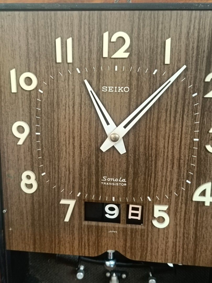 Vintage Seiko Sonola Transistor Wall Clock with Date, Working (Category: Clocks) located in Imus. Submitted by ABrielleC (Listing ID 1454582929, Image 3). Description: Video Link https://youtube.com/shorts/vz4ZKrxlROs?si=0Ru0R0whwg1HUgeb Good Running Condition Strike every hour Wooden Casing Battery-Size D (2x), not included Height-12.5in Length-9in Width-3.25in Weight-2kg Remark- Minimal Scratches Japan Surplus Item First to pay Loc Imus Cavite.