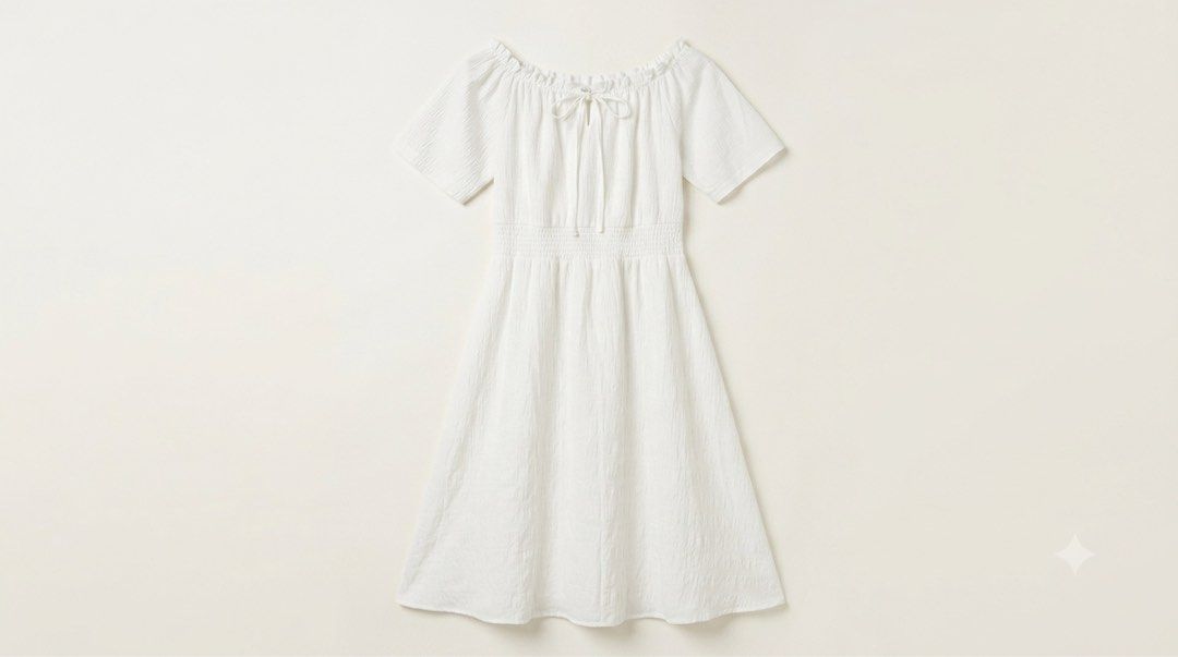 White Off-Shoulder Smocked Midi Dress (Category: Dresses) located in Bacoor. Submitted by xazshx (Listing ID 1454591027, Image 1). Description: - Cute white midi dress - Off-shoulder design with tie-front neckline - Short sleeves - Smocked waist for a flattering fit - Textured fabric - Ideal for summer or casual wear.