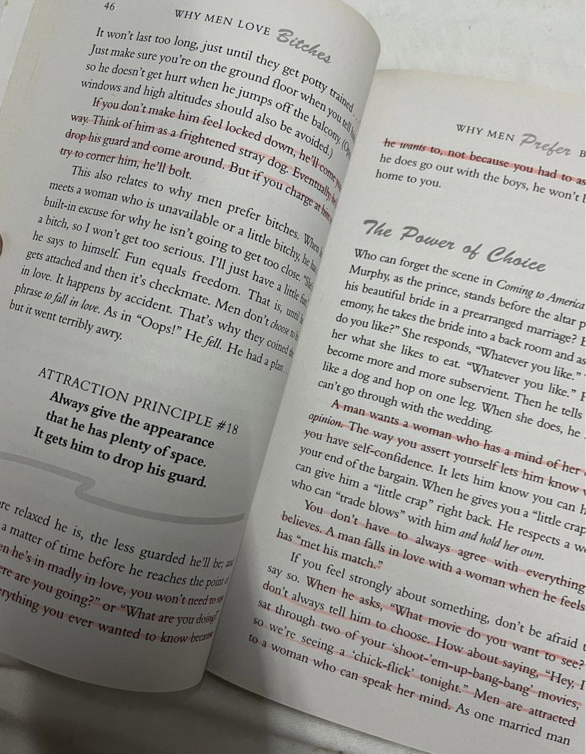 Why Men Love Bitches by Sherry Argov (Category: Storybooks) located in Manila. Submitted by thepostofficegirl_ (Listing ID 1454677646, Image 3). Description: Pre-Loved Book ♡ Good Condition | Annotated + Slightly Dirty READ BEFORE BUYING 🫶🏻 ♡ Pre-loved/used book ♡ Still in good, readable condition ♡ Has some highlighting/annotations ♡ Has a little dirt from storage/use ♡ No tears, stains, or other damages Please check all photos carefully befor