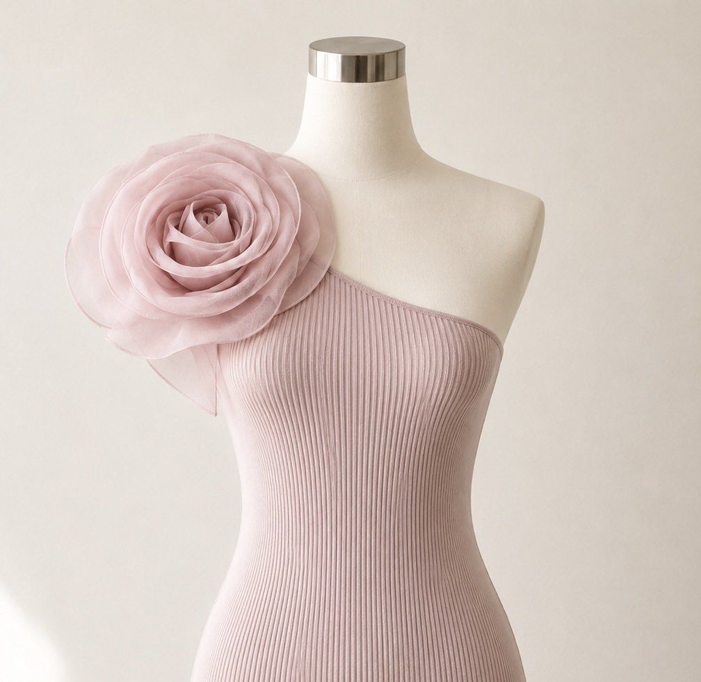 Zara Blush Organza Rose Ribbed Top (Category: Dresses) located in Manila. Submitted by theopal (Listing ID 1454655727, Image 2). Description: * Blush pink one-shoulder top * Fine ribbed texture * Asymmetrical neckline with one bare shoulder * Oversized sheer layered flower detail on the shoulder * Fitted, body-hugging silhouette * Stretchy fabric that comfortably hugs the body * Cropped length * Feminine and elegant statement piece * Perfect for 