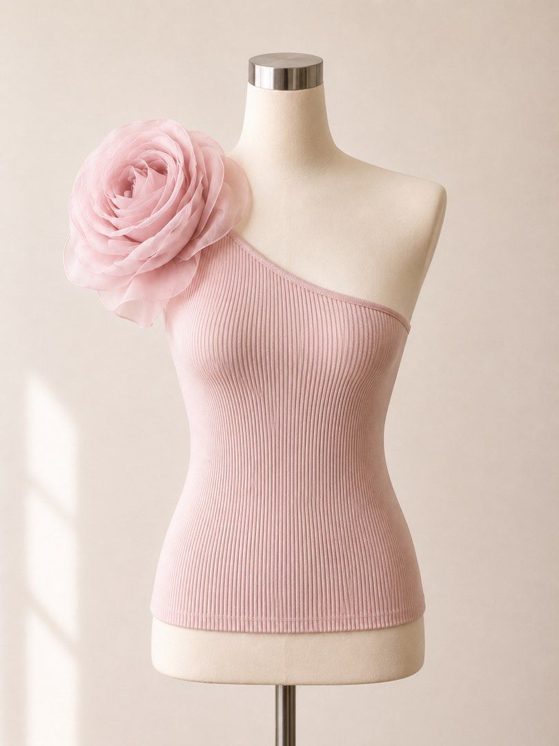 Zara Blush Organza Rose Ribbed Top (Category: Dresses) located in Manila. Submitted by theopal (Listing ID 1454655727, Image 1). Description: * Blush pink one-shoulder top * Fine ribbed texture * Asymmetrical neckline with one bare shoulder * Oversized sheer layered flower detail on the shoulder * Fitted, body-hugging silhouette * Stretchy fabric that comfortably hugs the body * Cropped length * Feminine and elegant statement piece * Perfect for 