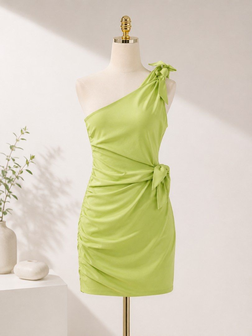 Zara Lime Asymmetrical Knot Dress (Category: Dresses) located in Manila. Submitted by theopal (Listing ID 1454613846, Image 1). Description: * Color: Lime green May vary due to lighting * Style: One-shoulder mini dress * Detail: Shoulder tie/knot * Fit: Fitted, body-hugging silhouette * Waist: Ruched with side knot detail and side zipper * Design: Draped and gathered skirt * Occasion: Party, date night, events, and special occasions.