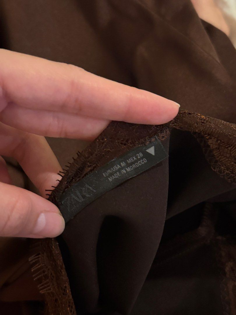 Zara Satin Lace Camisole (Category: Blouses) located in Muntinlupa City. Submitted by sabnava (Listing ID 1454738448, Image 2). Description: - Chocolate brown - Worn once only - No flaws, in perfect condition! - Fits M-L .