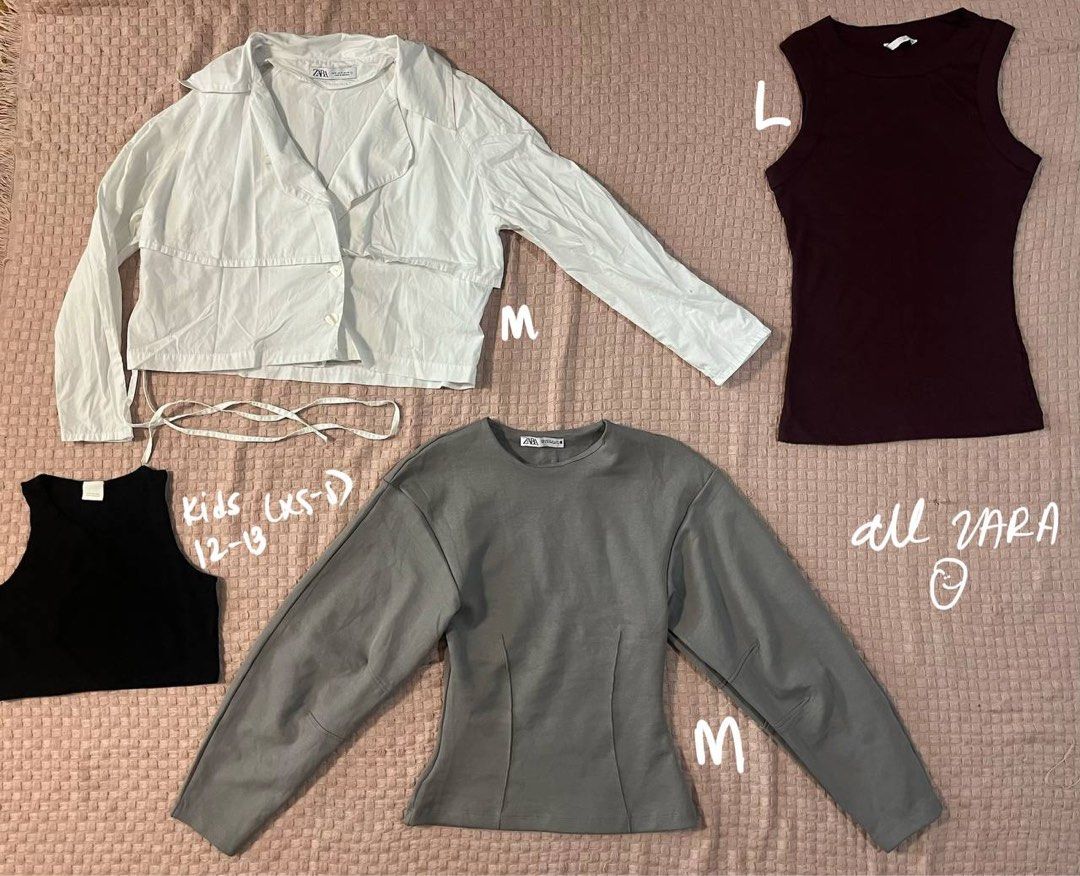 Zara Tops and Bottoms Bundle - Various Sizes and Styles (Category: Blouses) located in Mandaluyong City. Submitted by beangoose (Listing ID 1454570834, Image 3). Description: P200 each for tops P300 each for bottoms P400 each for dresses - Bundle of Zara clothing for kids and adults. - Includes various styles: bodysuits, blouses, shirts, and pants. - Sizes range from kids 11-12 years up to Large (L). - Some items are versatile, fitting XS to L. -