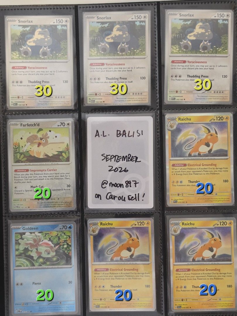 1st Gen Pokemon Cards (Category: Raw Singles) located in Quezon City. Submitted by moon897 (Listing ID 1458909538, Image 2). Description: 1st Gen / Kanto Region Pokemon Cards 🟡 Normal 🔵 Holofoil 🟢 Reverse Holofoil 🌟Includes popular cards like Zapdos, Snorlax, Raichu, Dragonair, Marowak, and others. *Prices are clearly marked on each image. - Feel free to send a message for more information or request back photo of cards ❗️ Interested in bundl