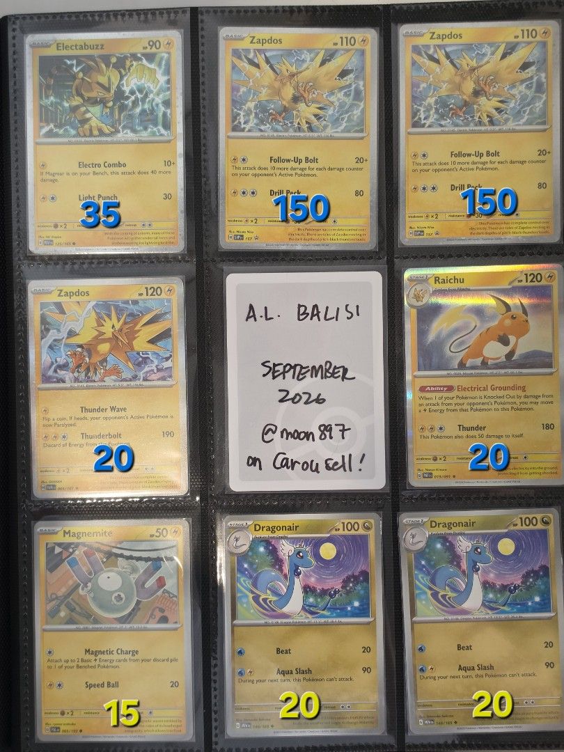 1st Gen Pokemon Cards (Category: Raw Singles) located in Quezon City. Submitted by moon897 (Listing ID 1458909538, Image 1). Description: 1st Gen / Kanto Region Pokemon Cards 🟡 Normal 🔵 Holofoil 🟢 Reverse Holofoil 🌟Includes popular cards like Zapdos, Snorlax, Raichu, Dragonair, Marowak, and others. *Prices are clearly marked on each image. - Feel free to send a message for more information or request back photo of cards ❗️ Interested in bundl